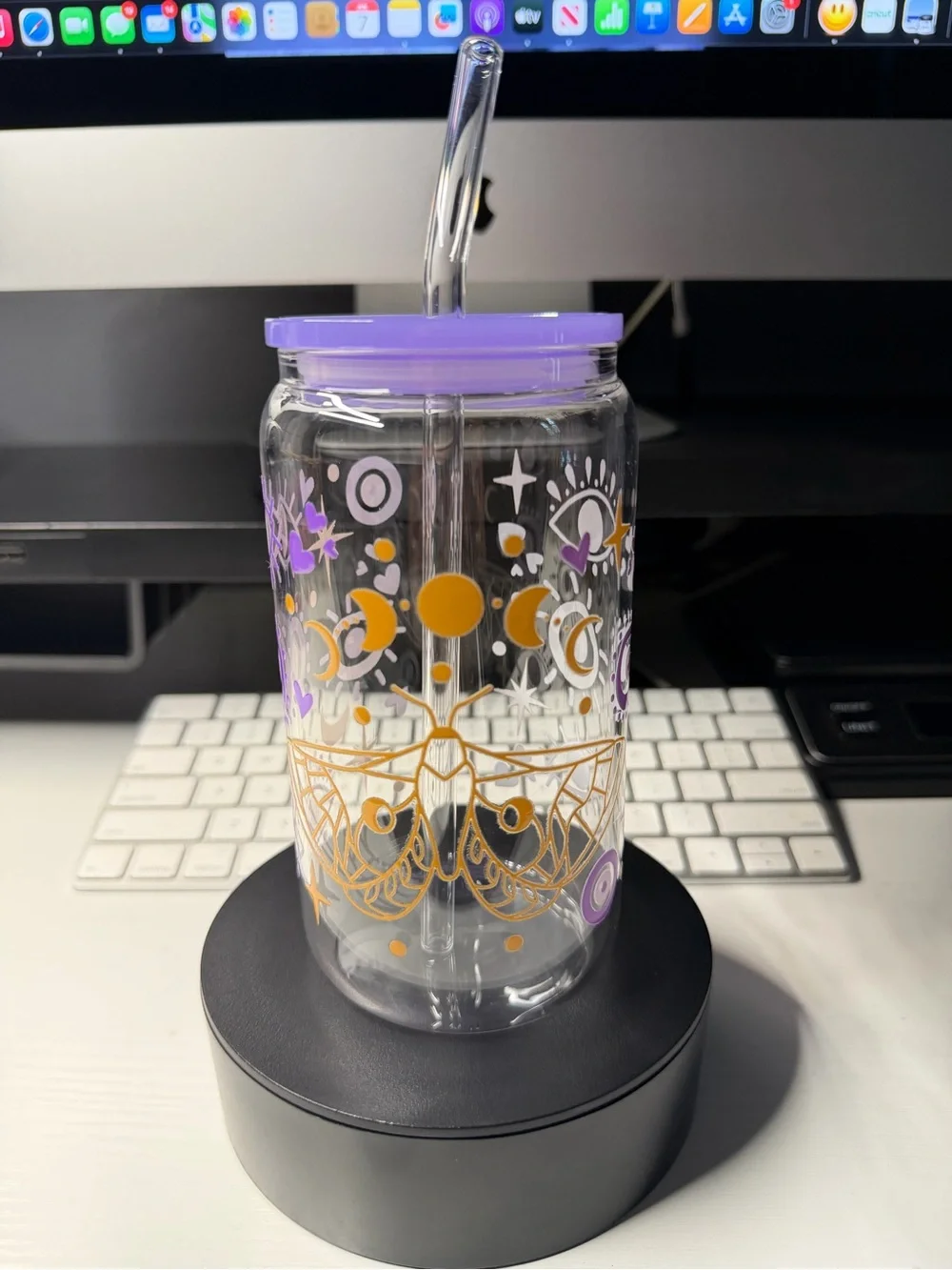 Celestial Moth clear glass tumbler with glass Straw.